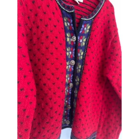 Vintage Tally-Ho Nordic Cardigan Sweater Women's M Red Boiled Wool Artsy Floral - Picture 2 of 11
